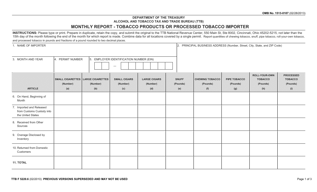 TTB Form 5220.6 Monthly Report - Tobacco Products or Processed Tobacco Importer