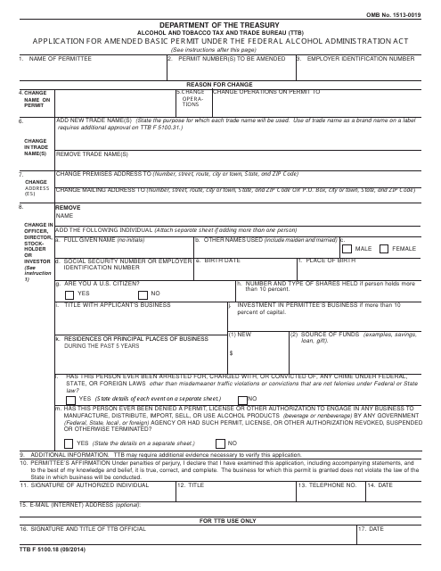 TTB Form 5100.18 Application for Amended Basic Permit Under Federal Alcohol Administration Act