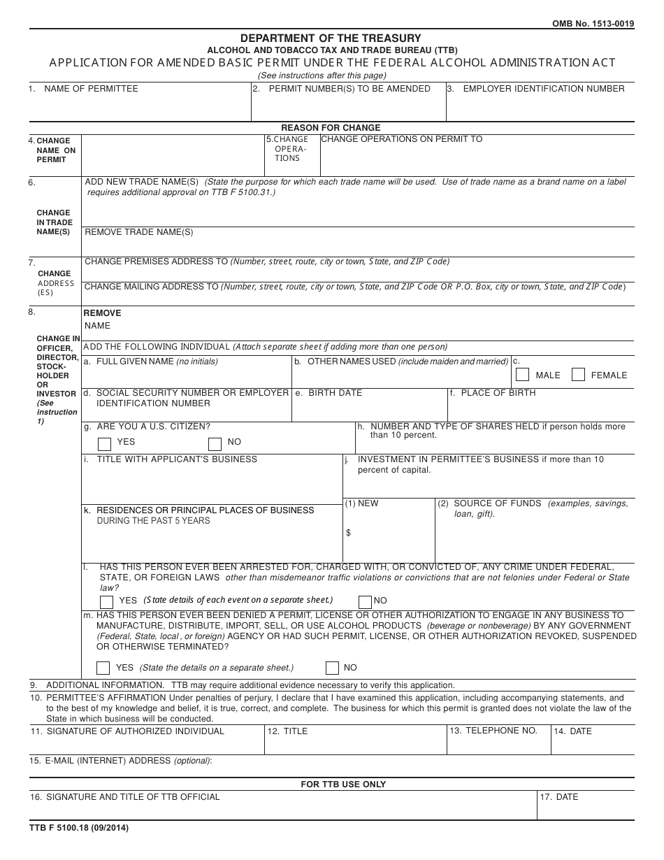 TTB Form 5100.18 Application for Amended Basic Permit Under Federal Alcohol Administration Act, Page 1