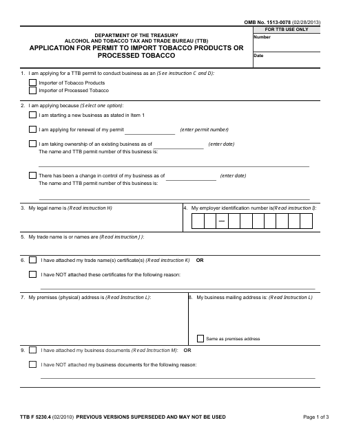 TTB Form 5230.4 Application for Permit to Import Tobacco Products or Processed Tobacco
