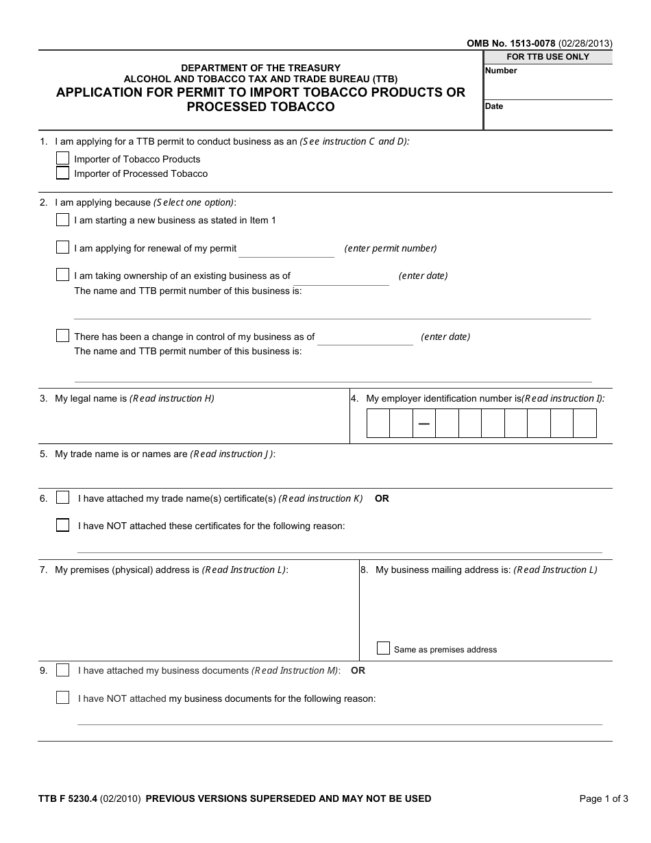 TTB Form 5230.4 Application for Permit to Import Tobacco Products or Processed Tobacco, Page 1