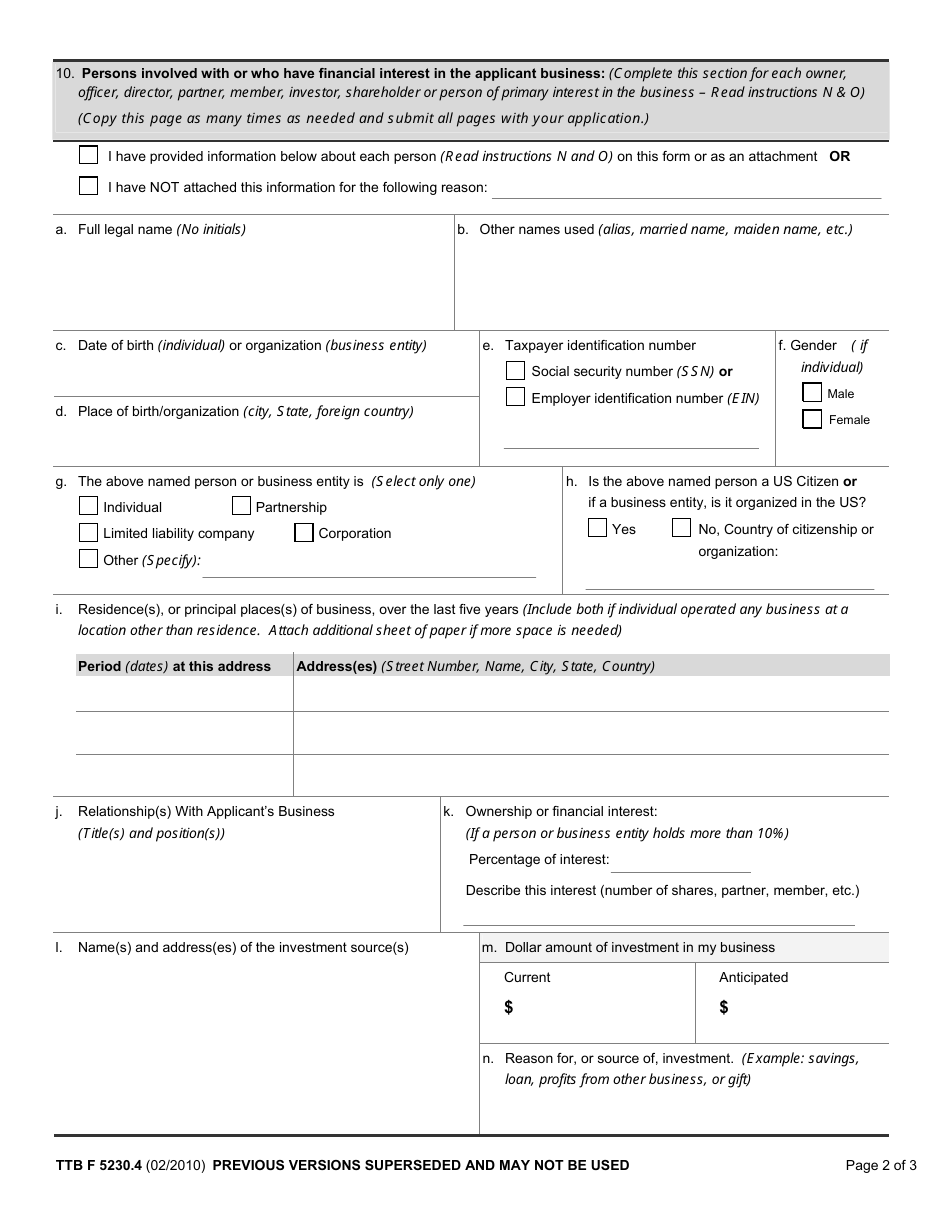 TTB Form 5230.4 Application for Permit to Import Tobacco Products or Processed Tobacco, Page 2