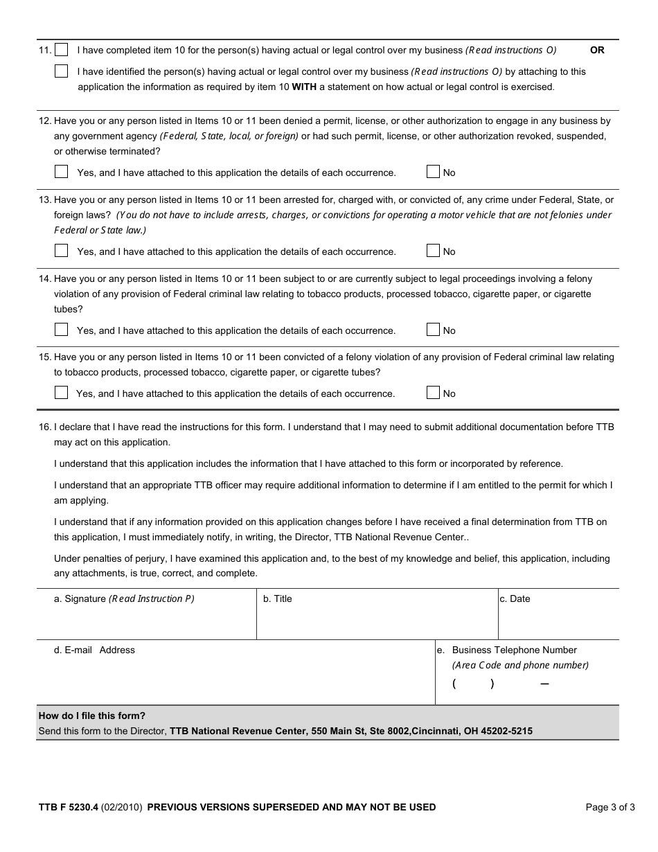 TTB Form 5230.4 Application for Permit to Import Tobacco Products or Processed Tobacco, Page 3