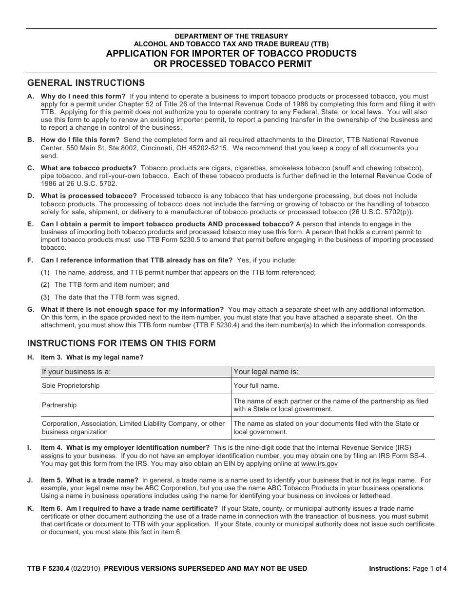 TTB Form 5230.4 Fill Out, Sign Online and Download Fillable PDF