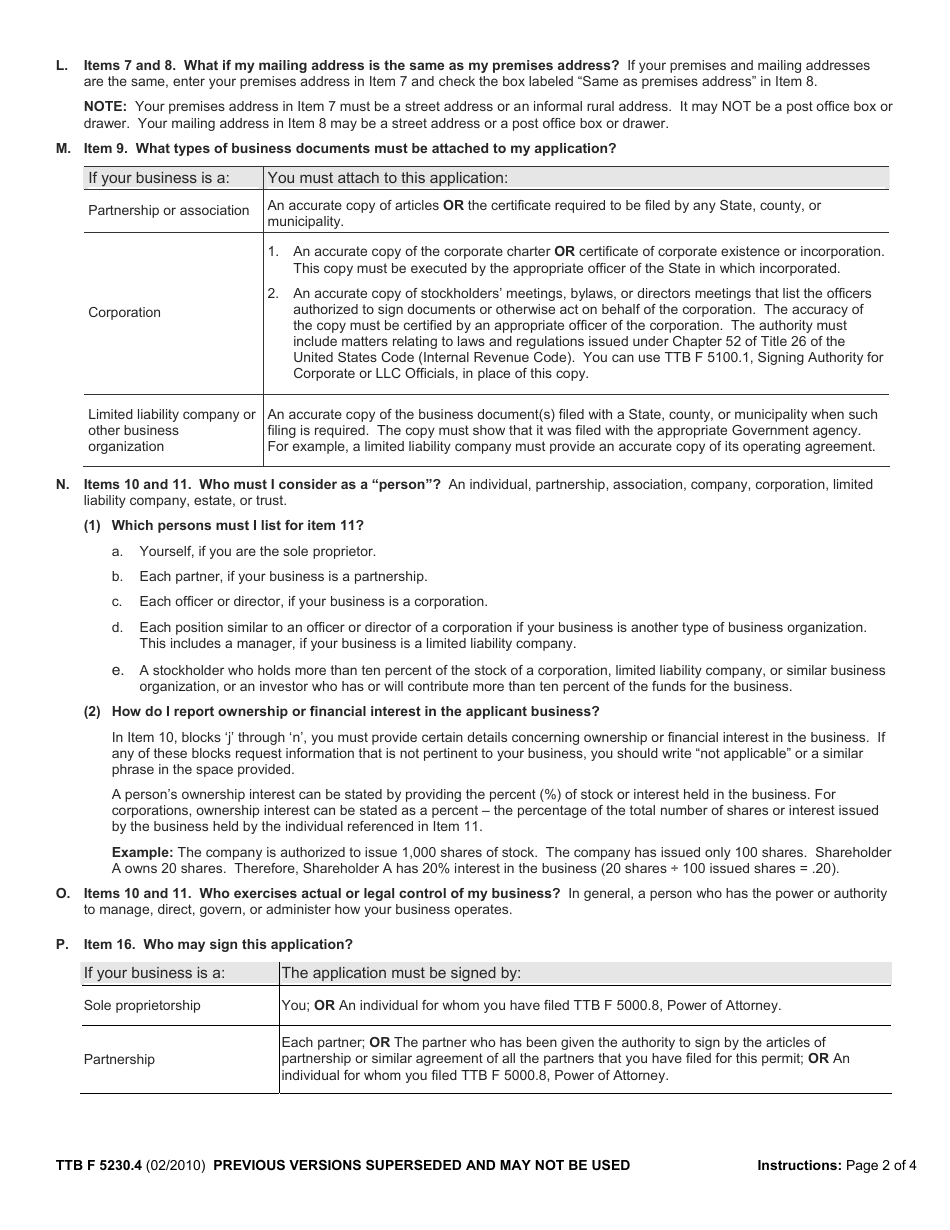 TTB Form 5230.4 Application for Permit to Import Tobacco Products or Processed Tobacco, Page 5
