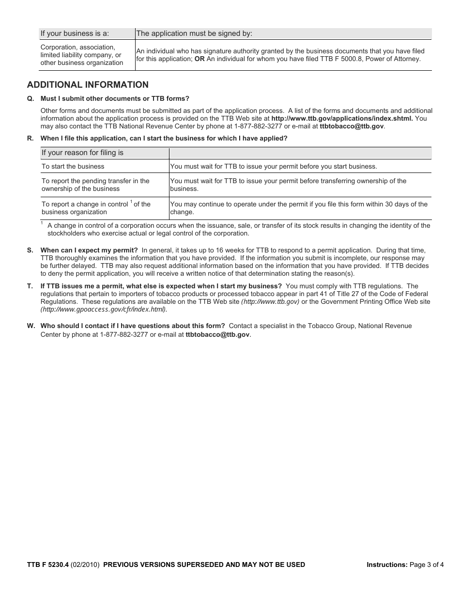 TTB Form 5230.4 Application for Permit to Import Tobacco Products or Processed Tobacco, Page 6