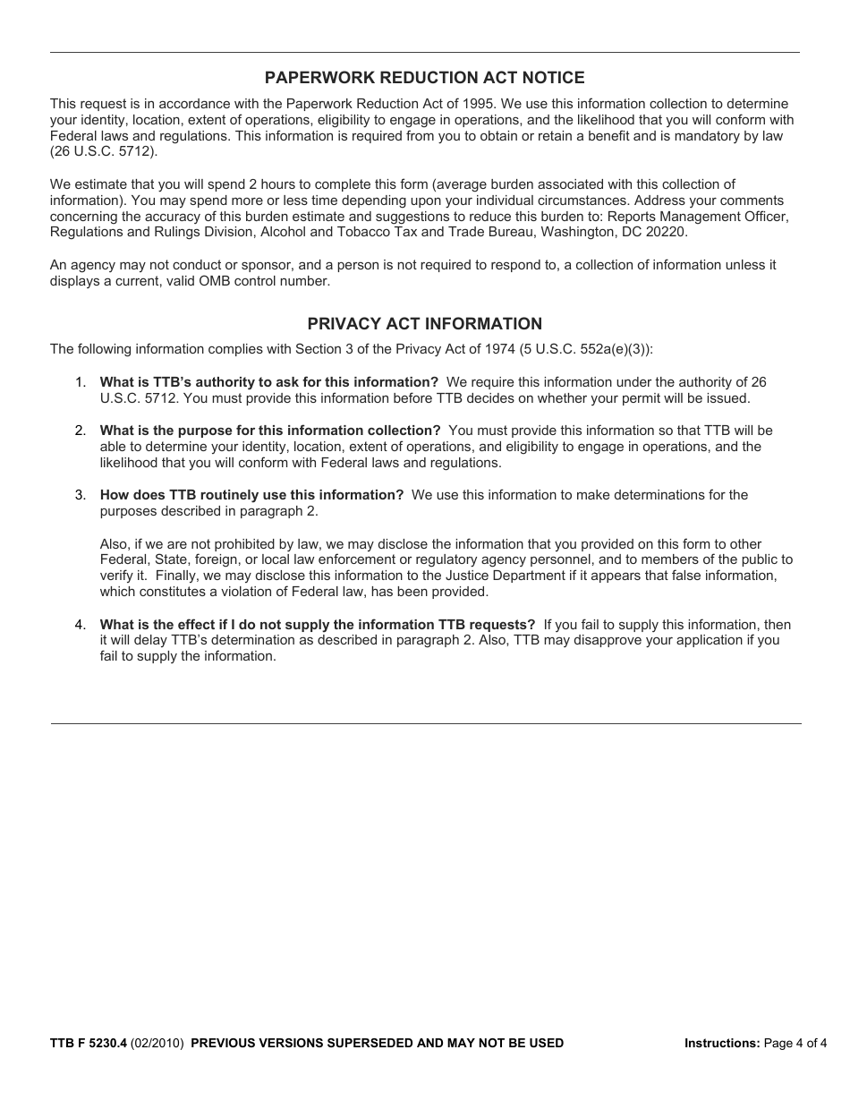 TTB Form 5230.4 Fill Out, Sign Online and Download Fillable PDF