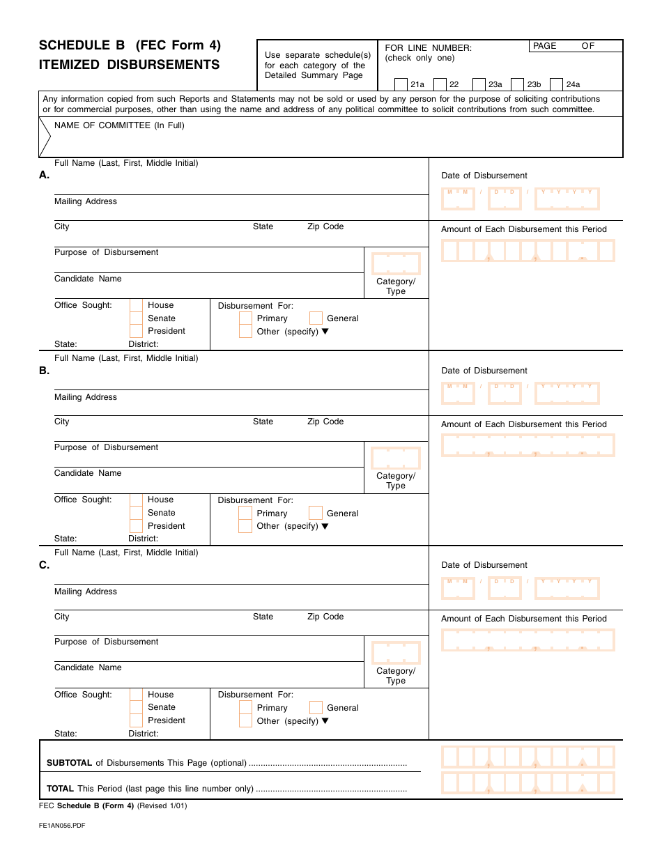 FEC Form 4 Report of Receipts and Disbursements for a Committee or Organization Supporting a Nominating Convention, Page 4