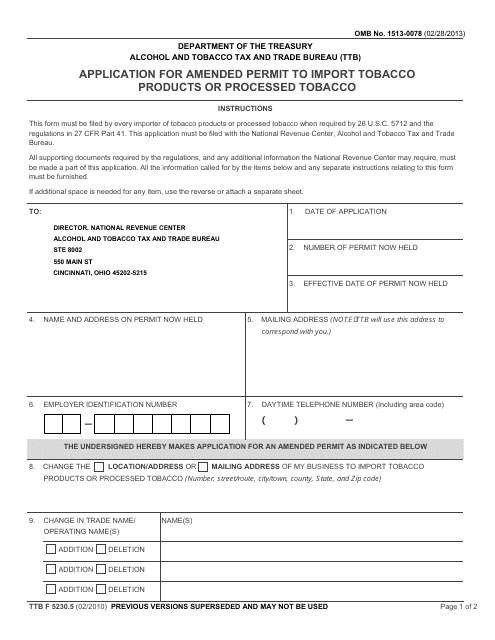 TTB Form 5230.5 Application for Amended Permit to Import Tobacco Products or Processed Tobacco