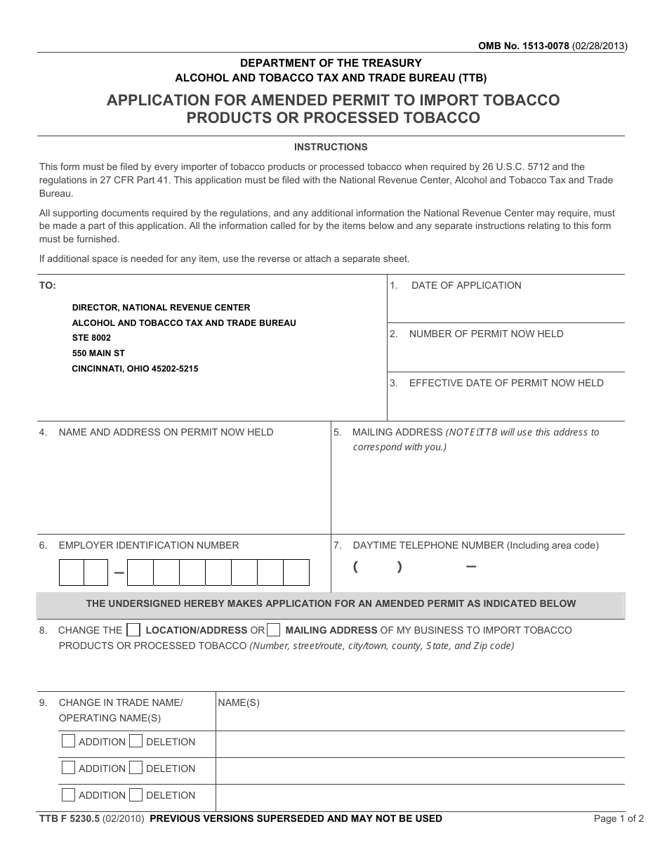 TTB Form 5230.5 Application for Amended Permit to Import Tobacco Products or Processed Tobacco, Page 1