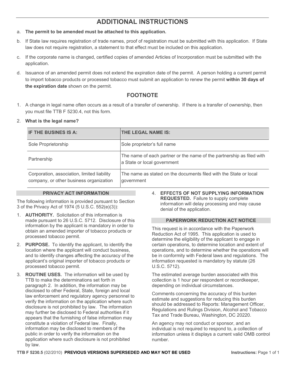 TTB Form 5230.5 Fill Out, Sign Online and Download Fillable PDF