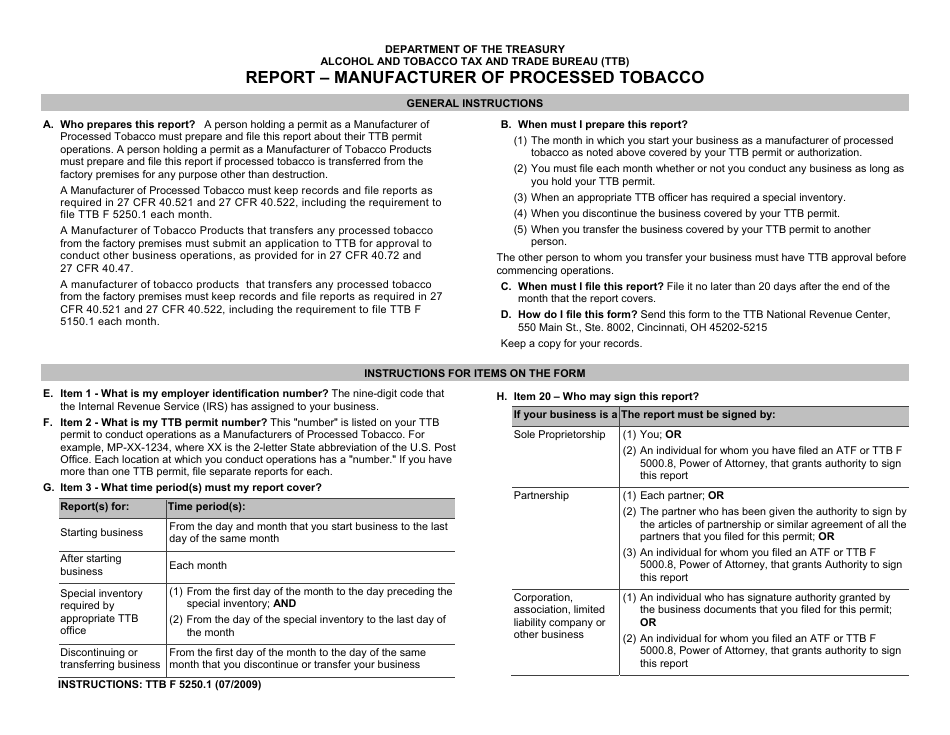 TTB Form 5250.1 Report - Manufacturer of Processed Tobacco, Page 1