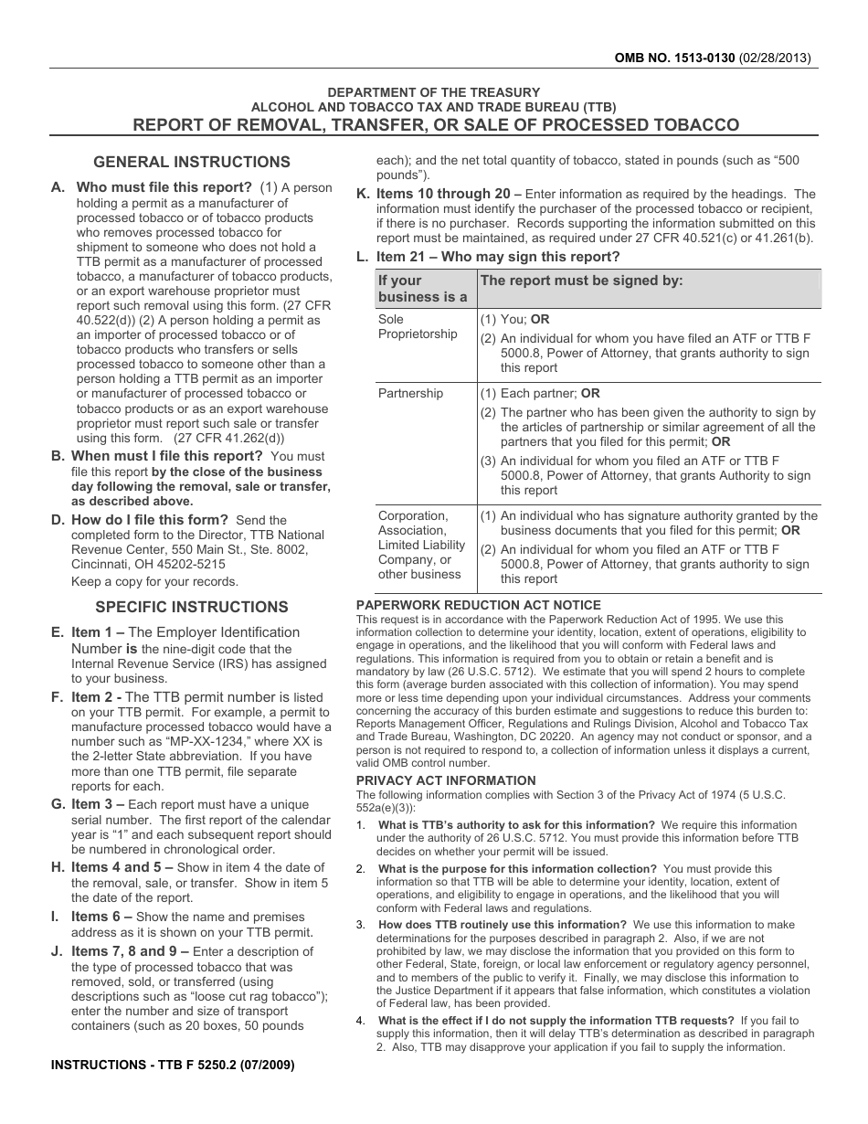 TTB Form 5250.2 Report of Removal, Transfer, or Sale of Processed Tobacco, Page 1
