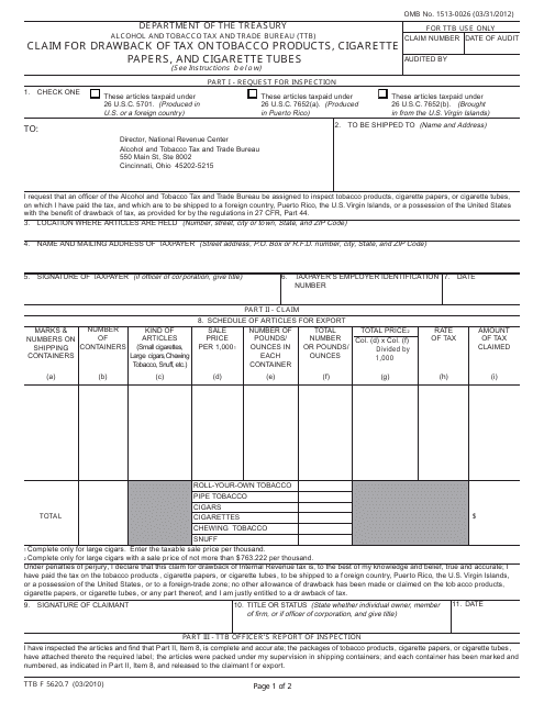 TTB Form 5620.7 Claim for Drawback of Tax on Tobacco Products, Cigarette Papers, and Cigarette Tubes