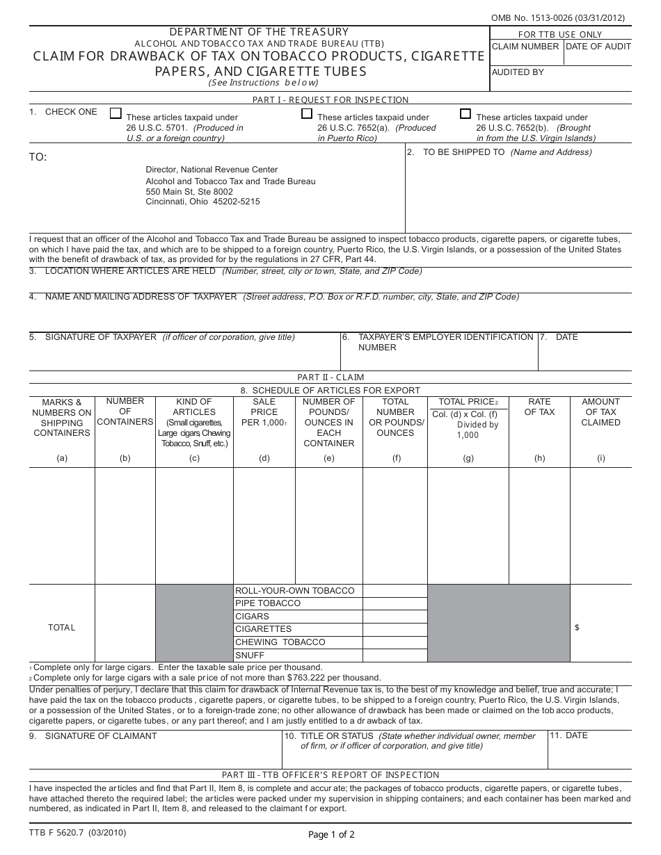 TTB Form 5620.7 Claim for Drawback of Tax on Tobacco Products, Cigarette Papers, and Cigarette Tubes, Page 1