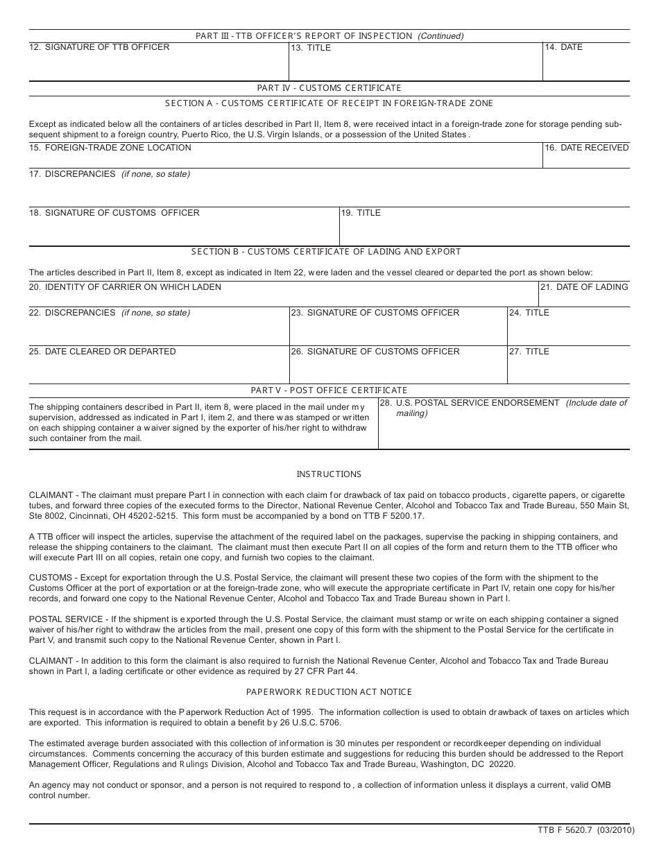 TTB Form 5620.7 Claim for Drawback of Tax on Tobacco Products, Cigarette Papers, and Cigarette Tubes, Page 2