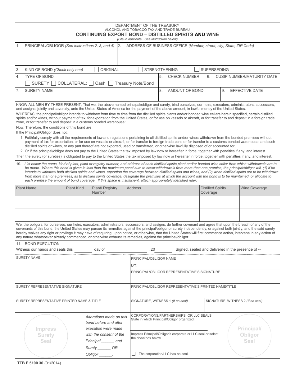 TTB Form 5100.30 Continuing Export Bond - Distilled Spirits and Wine, Page 1