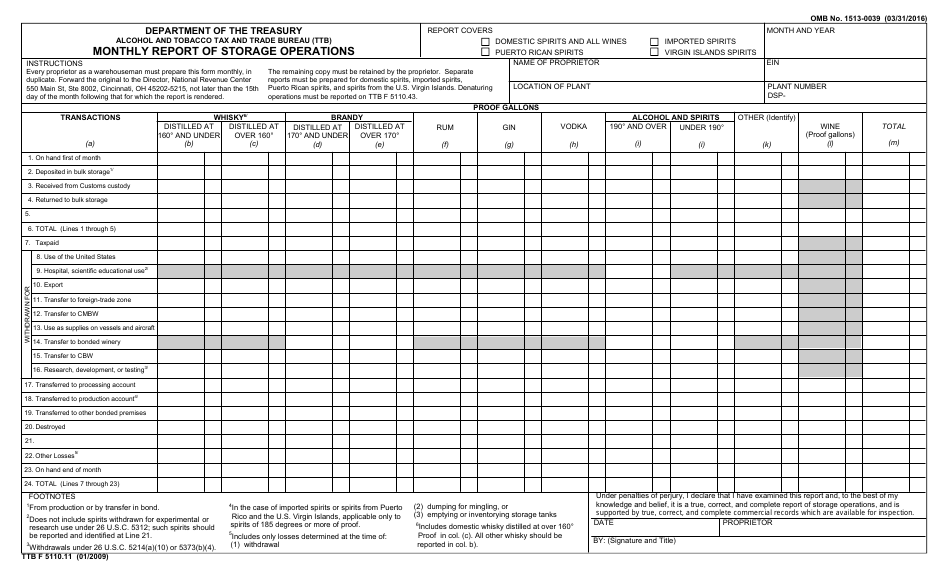 TTB Form 5110.11 Monthly Report of Storage Operations, Page 1