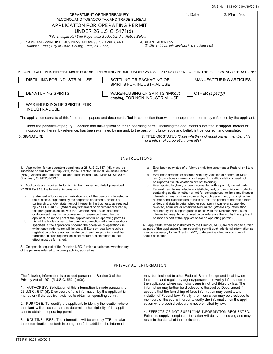 TTB Form 5110.25 Application for Operating Permit Under 26 U.s.c. 5171(D), Page 1