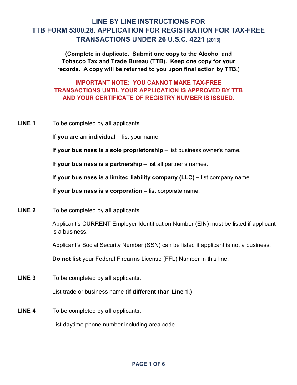 Instructions for TTB Form 5300.28 Application for Registration for Tax-Free Transactions Under 26 U.s.c. 4221, Page 1