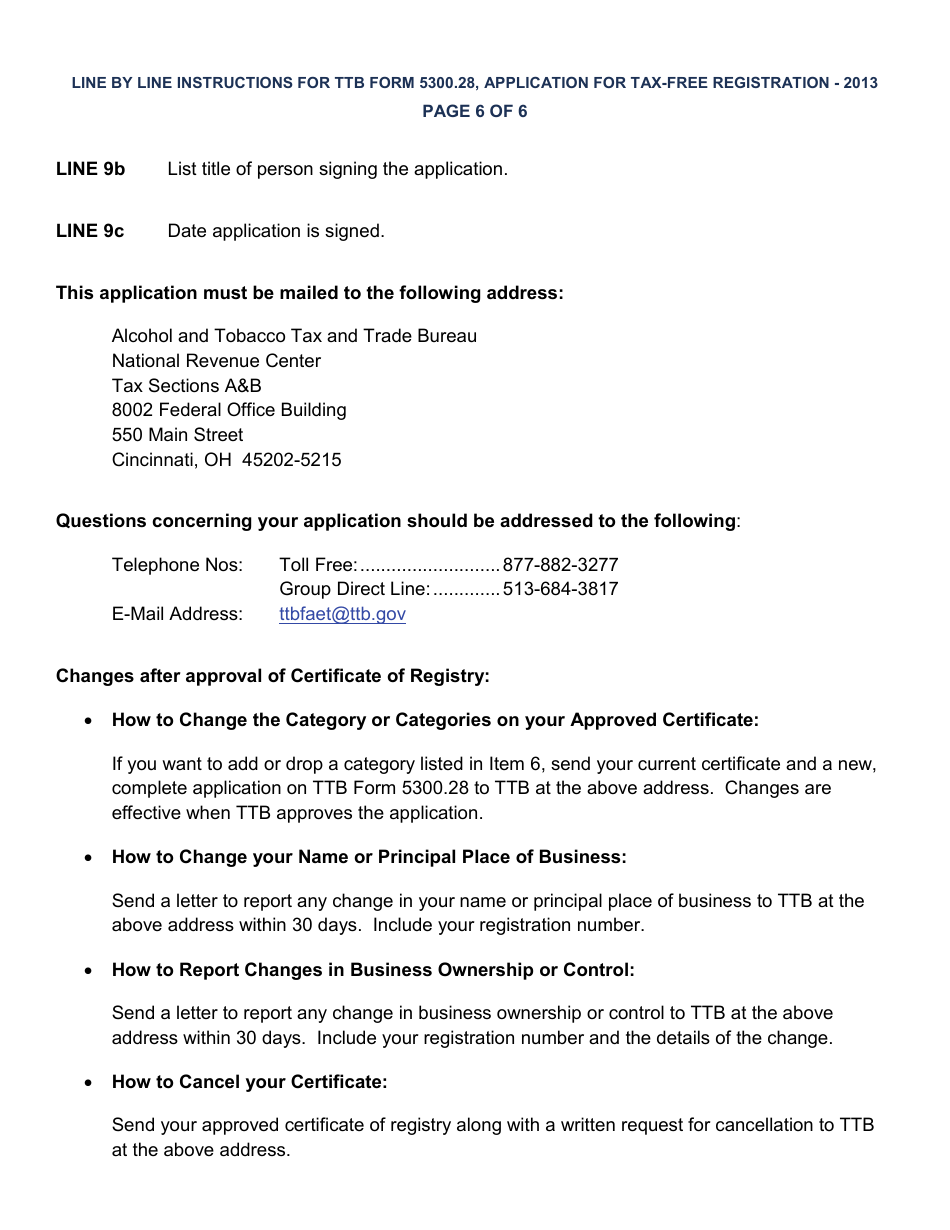 Instructions for TTB Form 5300.28 Application for Registration for Tax-Free Transactions Under 26 U.s.c. 4221, Page 6