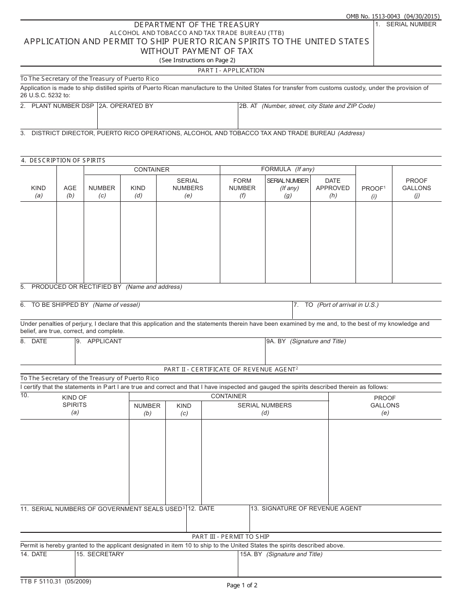 TTB Form 5110.31 Application and Permit to Ship Puerto Rican Spirits to the United States Without Payment of Tax, Page 1