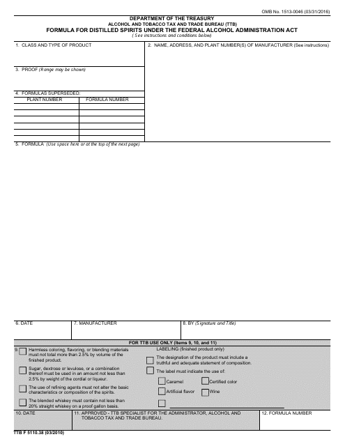TTB Form 5110.38 Formula for Distilled Spirits Under the Federal Alcohol Administration Act