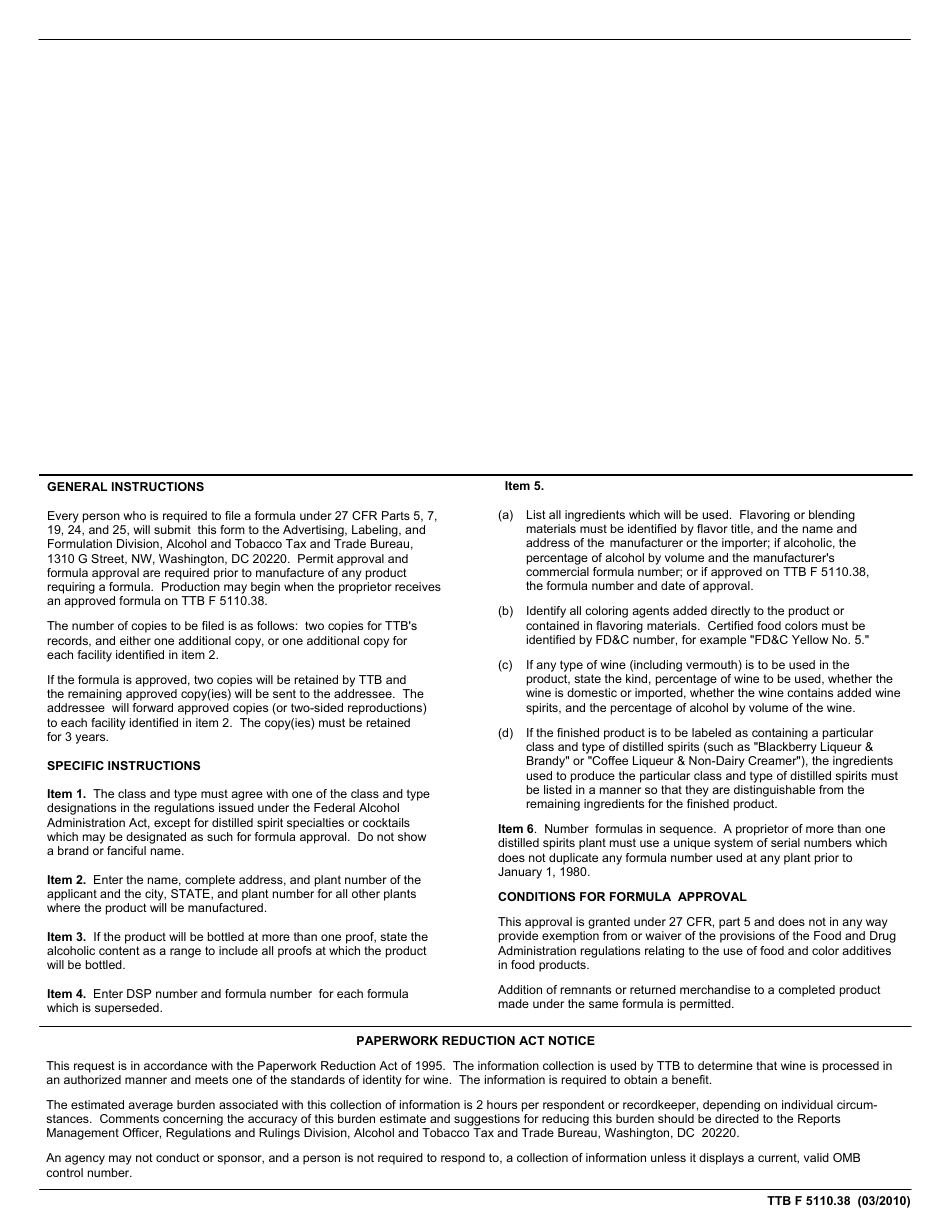 TTB Form 5110.38 Formula for Distilled Spirits Under the Federal Alcohol Administration Act, Page 2