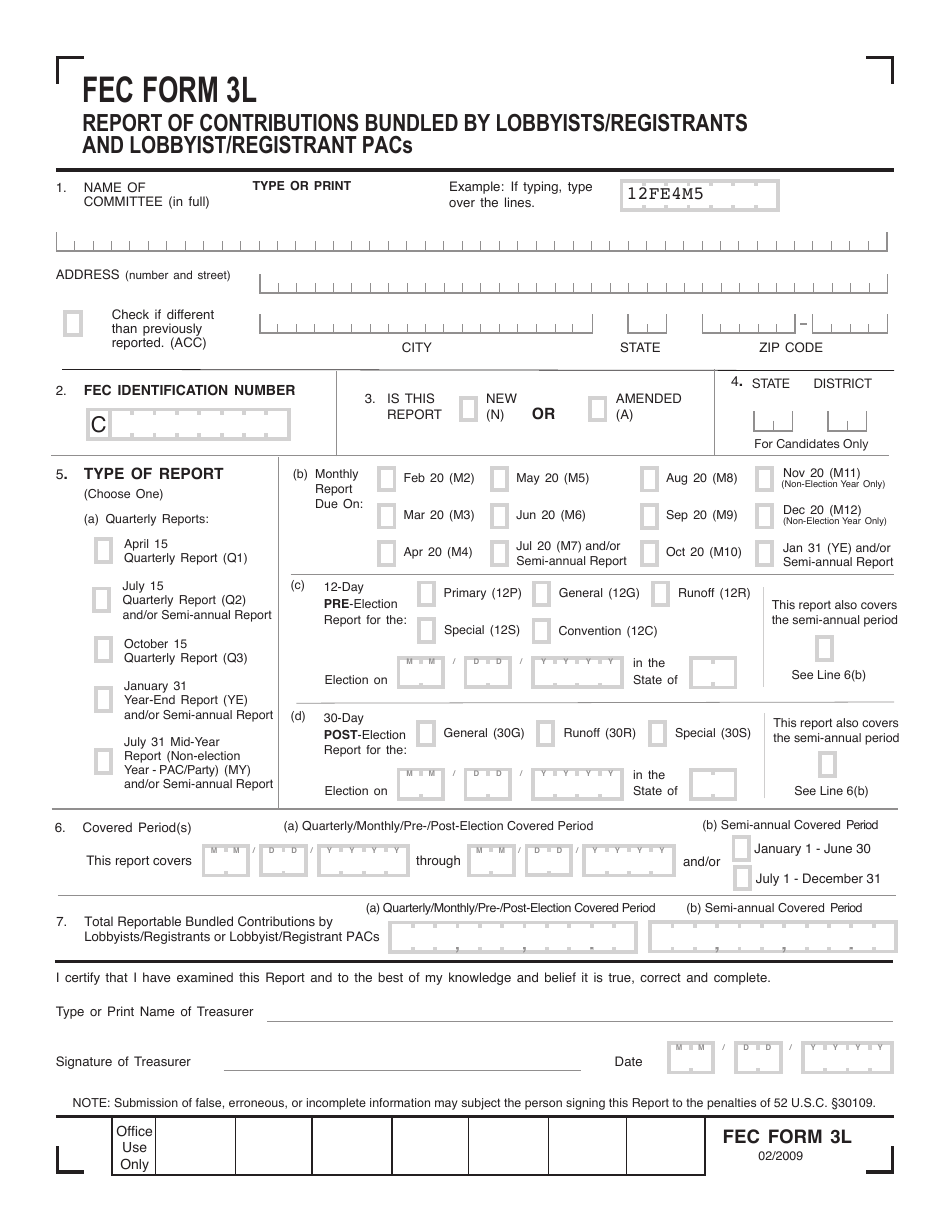FEC Form 3L Report of Contributions Bundled by Lobbyists / Registrants and Lobbyist / Registrant Pacs, Page 1