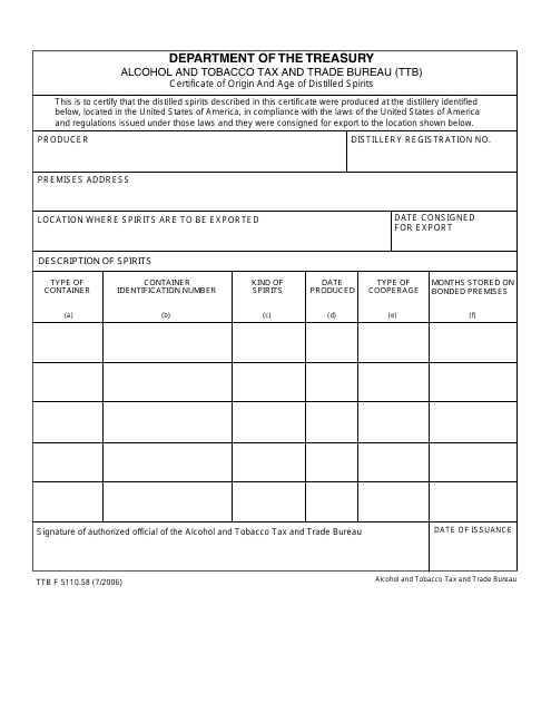 TTB Form 5110.58  Printable Pdf