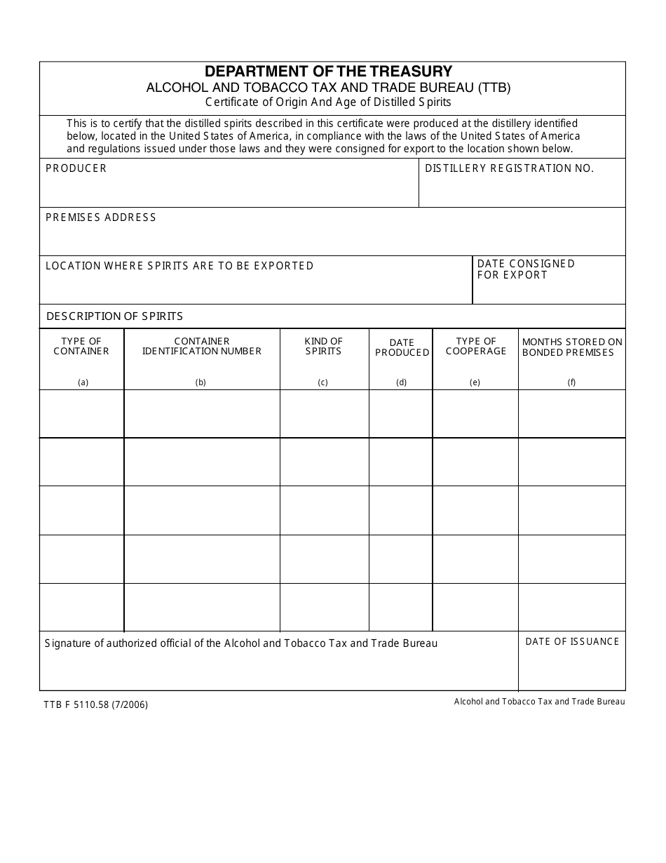 TTB Form 5110.58 Certificate of Origin and Age of Distilled Spirits, Page 1