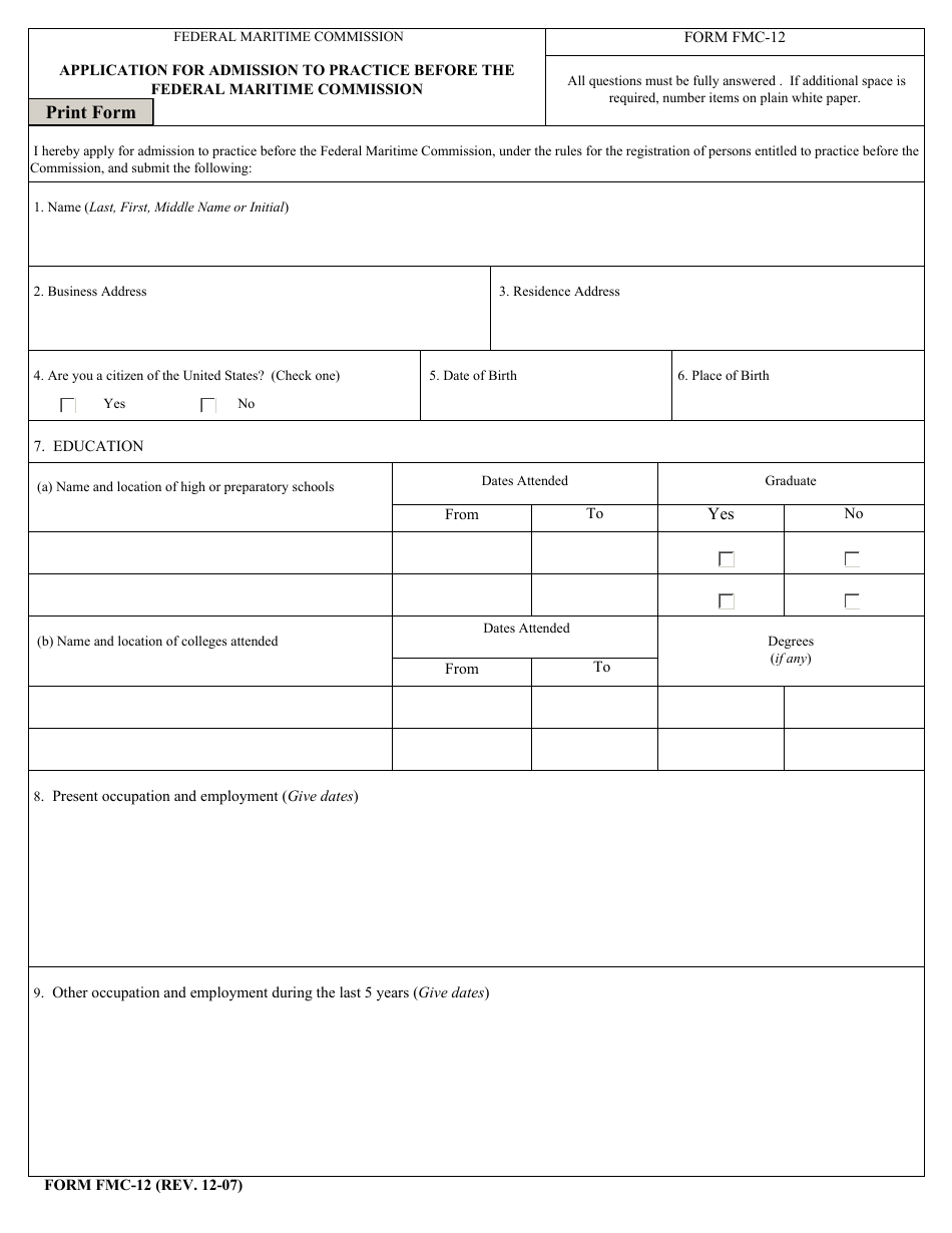Form FMC-12 Application for Admission to Practice Before the Federal Maritime Commission, Page 1