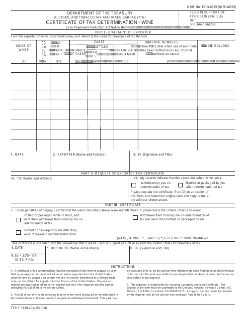 TTB Form 5120.20 Certificate of Tax Determination - Wine