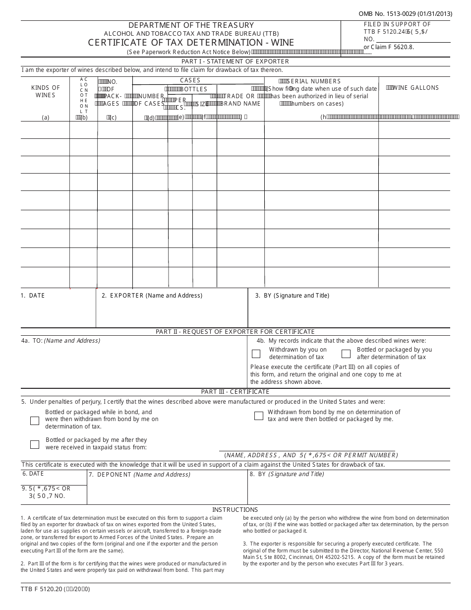 TTB Form 5120.20 Certificate of Tax Determination - Wine, Page 1