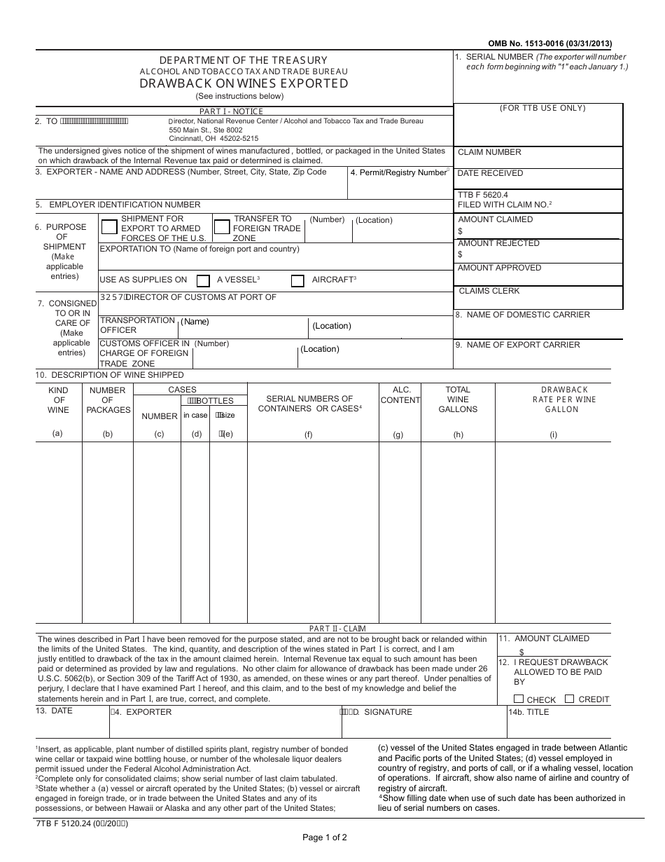 TTB Form 5120.24 Drawback on Wines Exported, Page 1