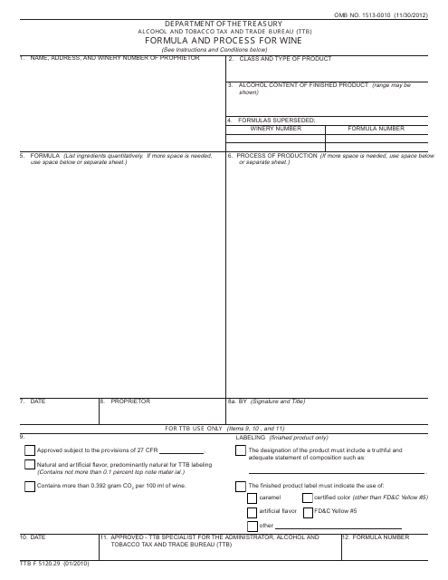 TTB Form 5120.29 Formula and Process for Wine
