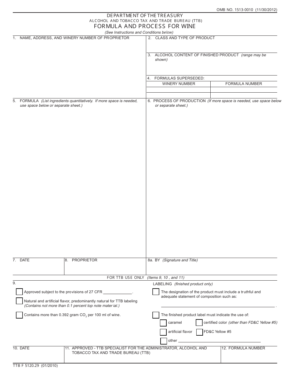 TTB Form 5120.29 Formula and Process for Wine, Page 1