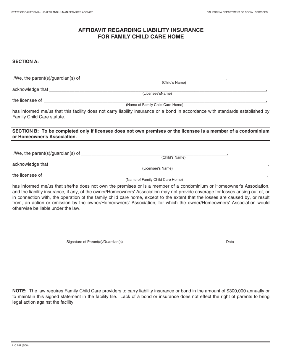 Form LIC282 - Fill Out, Sign Online and Download Fillable PDF ...