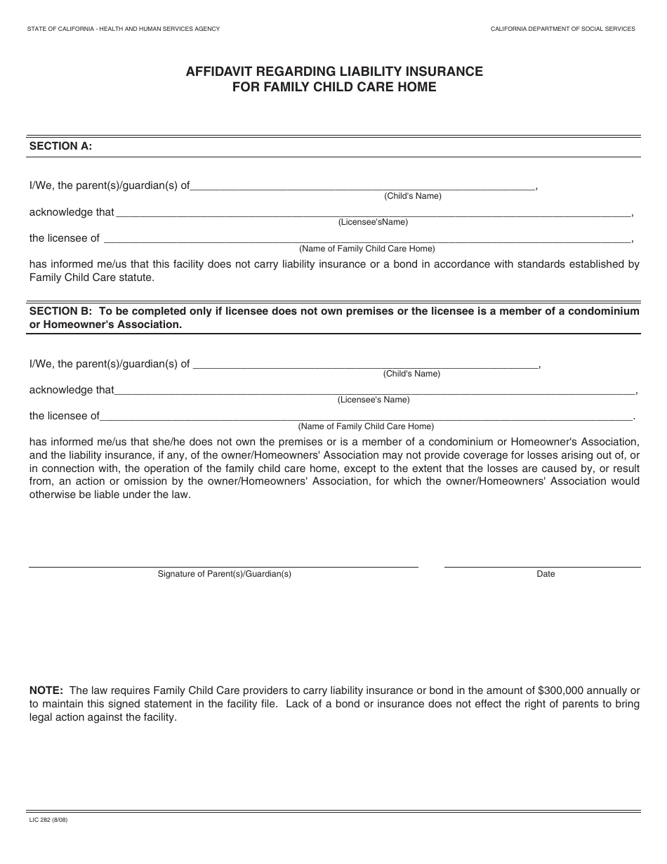 Form LIC282 Affidavit Regarding Liability Insurance for Family Child Care Home - California, Page 1