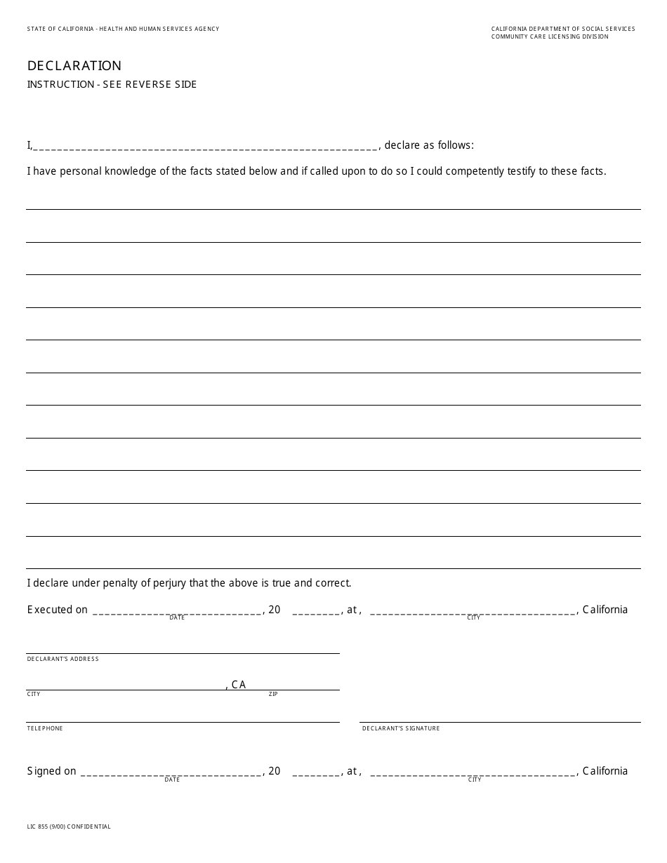 Form LIC855 Declaration - California, Page 1