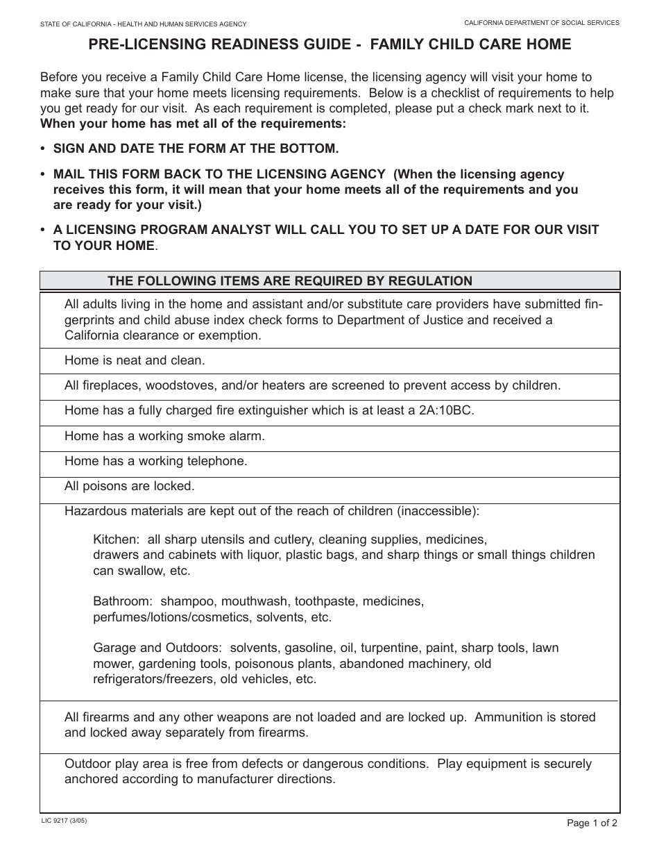 Form LIC9217 Pre-licensing Readiness Guide - Family Child Care Home - California, Page 1