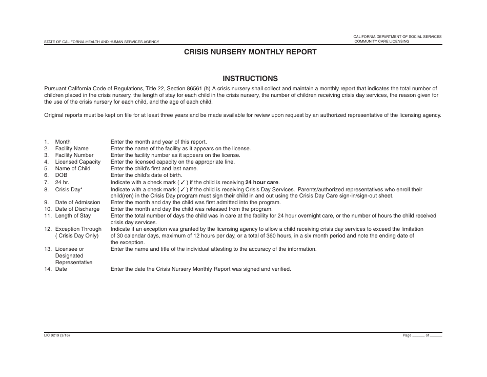 Form LIC9219 Crisis Nursery Monthly Report - California, Page 2