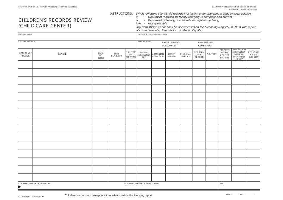 Form LIC857 Childrens Records Review (Child Care Center) - California, Page 1