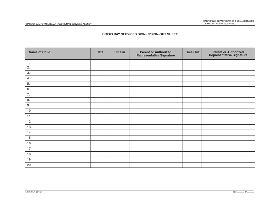 Form LIC9219A Crisis Day Services Sign-In / Sign-Out Sheet - California, Page 1