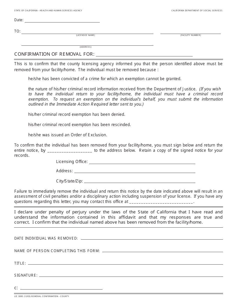 Form LIC300E Confirmation of Removal - California, Page 1