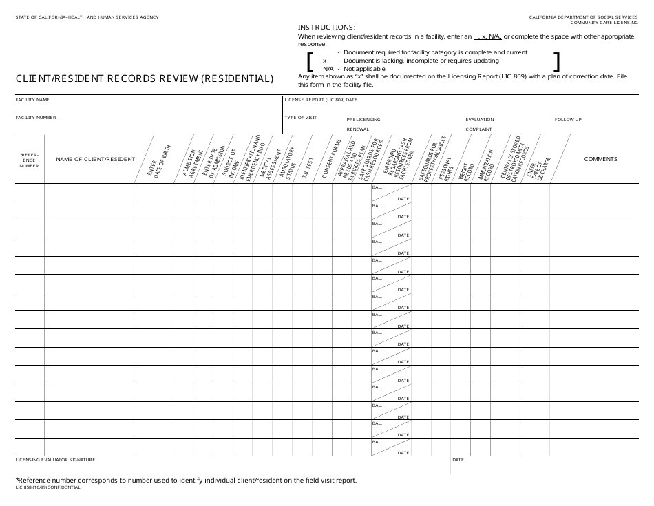 Form LIC858 Client / Resident Records Review (Residential) - California, Page 1