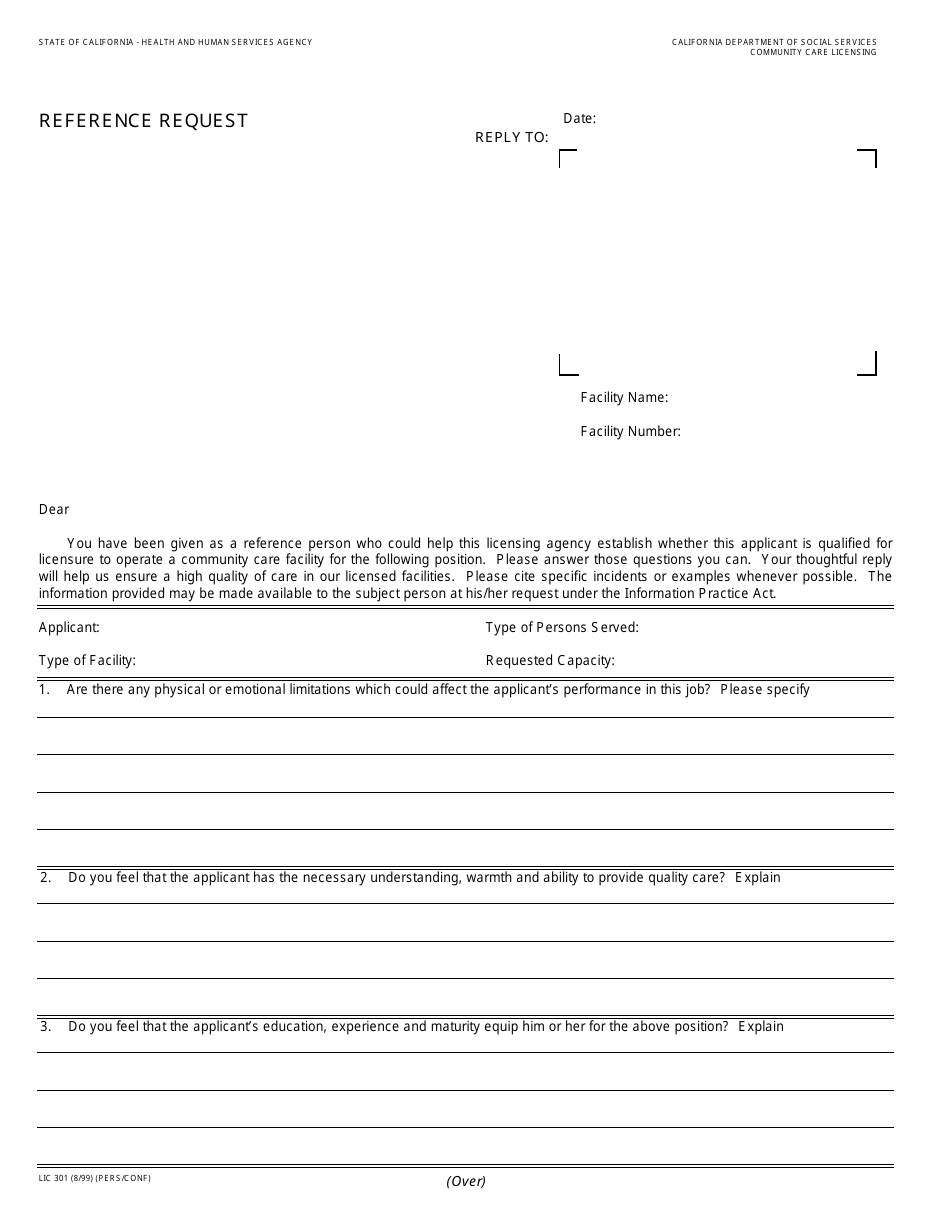 Form LIC301 Reference Request - California, Page 1