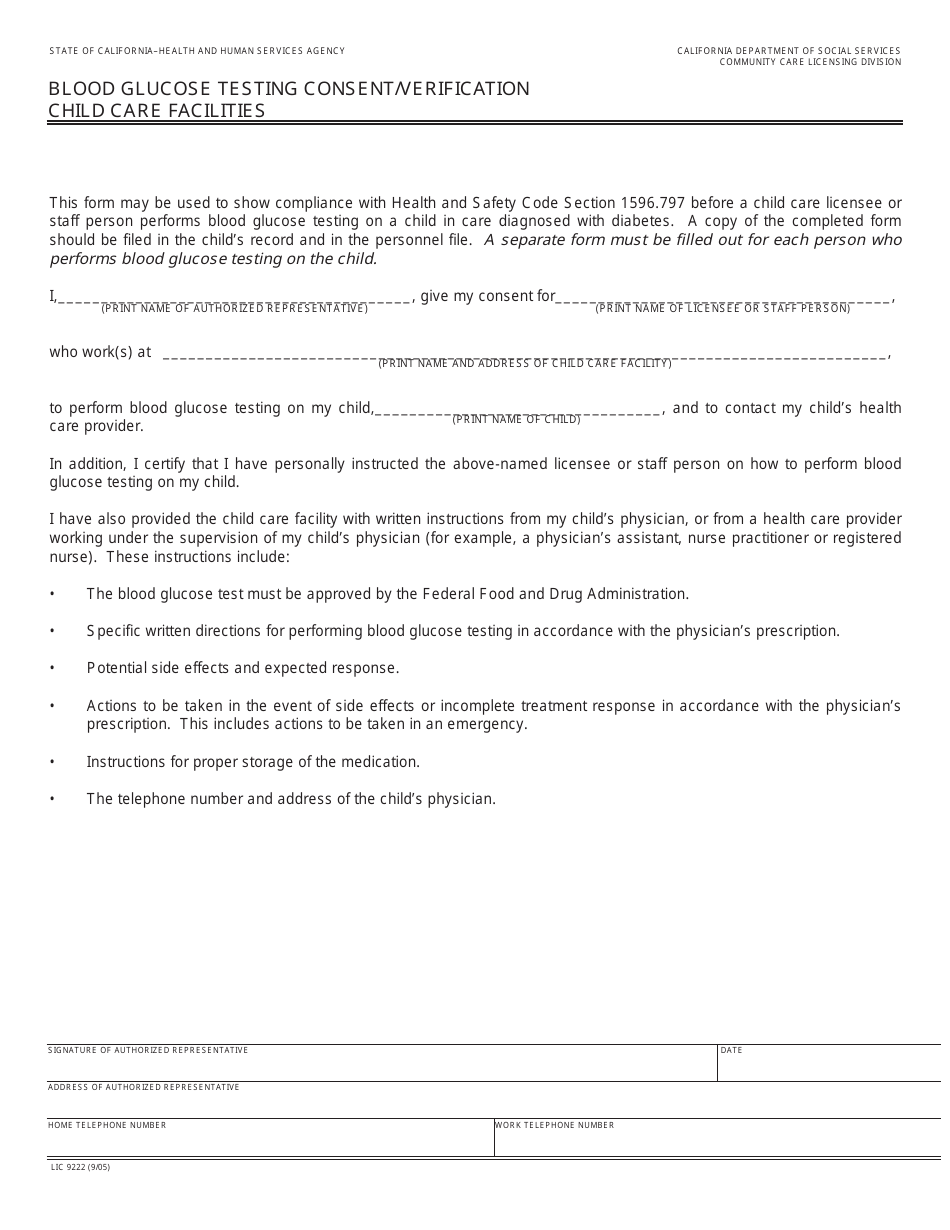 Form LIC9222 Blood Glucose Testing Consent / Verification - Child Care Facilities - California, Page 1