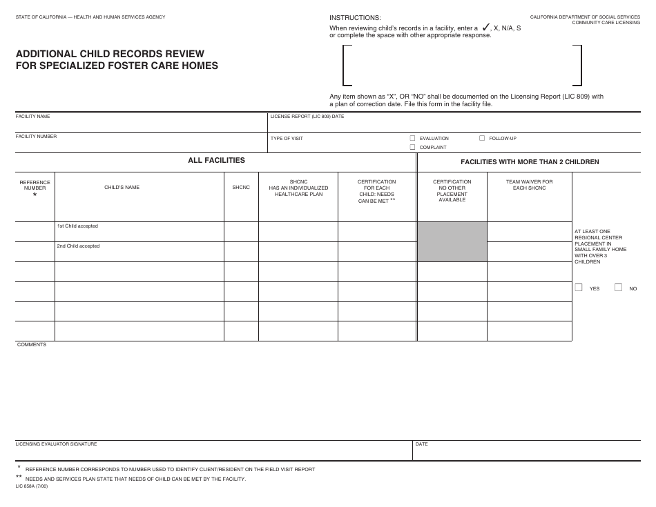 Form LIC858A Additional Child Records Reviewfor Specialized Foster Care Homes - California, Page 1