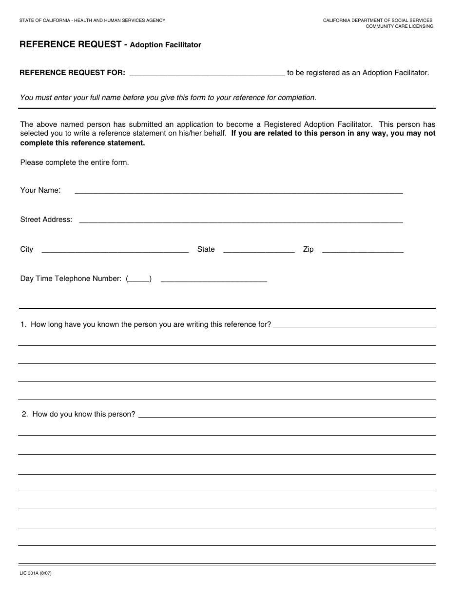 Form LIC301A Reference Request - Adoption Facilitator - California, Page 1